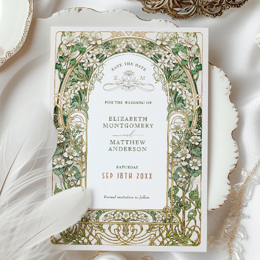 Elegante Art Nouveau bruiloft Save the Date Kaart