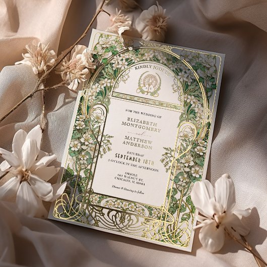Elegante Art Nouveau bruiloft uitnodiging Gouden f
