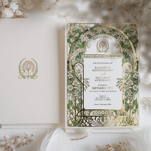 Elegante Art Nouveau bruiloft uitnodiging Gouden f