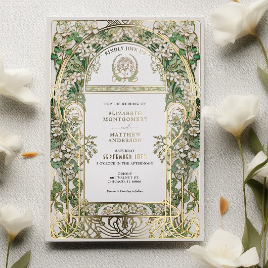 Elegante Art Nouveau bruiloft uitnodiging Gouden f