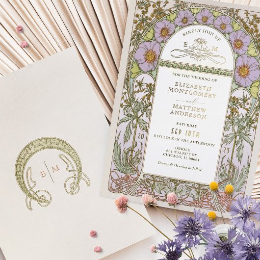 Elegante Art Nouveau bruiloft uitnodiging Gouden f