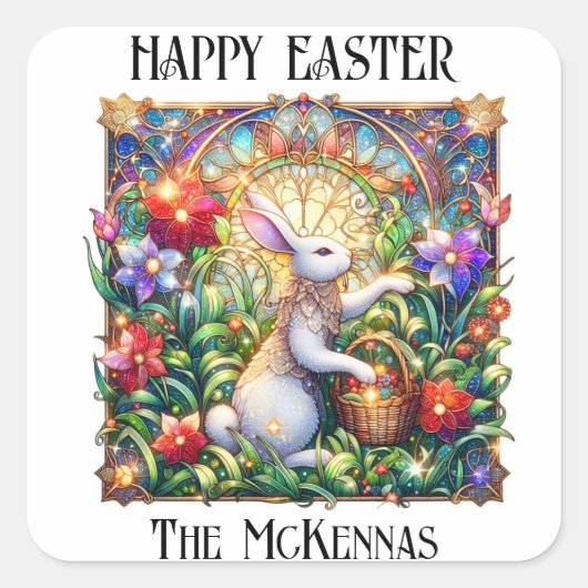 Elegante Art Nouveau Bunny Garden Pasen Vierkante Sticker (Voorkant)