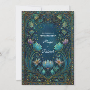 Elegante Art Nouveau Cyaan Lotus Bloemige Bruiloft Kaart