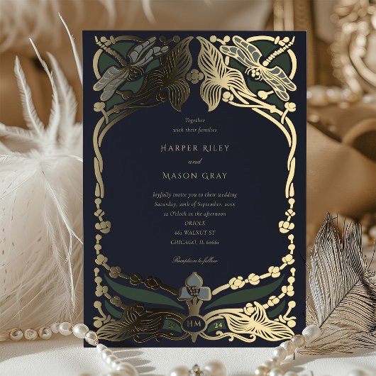 Elegante Art Nouveau Dragonfly bruiloft uitnodigin Folie Uitnodiging