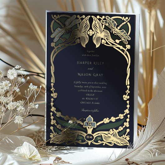 Elegante Art Nouveau Dragonfly bruiloft uitnodigin Folie Uitnodiging