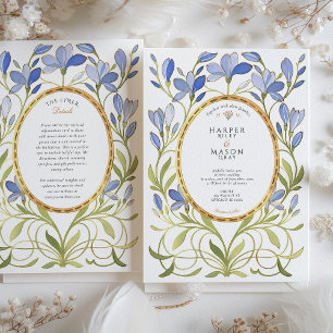 Elegante Art Nouveau Dusty Blauw & Goud bruiloft Kaart