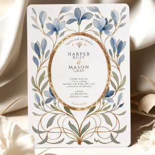 Elegante Art Nouveau Dusty Blauw & Goud bruiloft Kaart