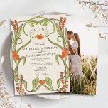 Elegante  Art Nouveau Floral Fotobruiloft Kaart<br><div class="desc">Romantisch design met een Art Nouveau floraal lijst,  in de kleuren van zonsondergang sinaasappel met gedempte greens op de achtergrond van  papier. Elegante,  verfijnde  lettertypen maken de tijdloze en stijlvolle look compleet.</div>