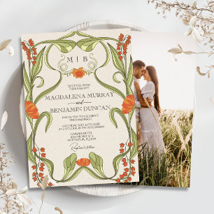 Elegante  Art Nouveau Floral Fotobruiloft Kaart