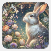 Elegante Art Nouveau Floral Konijn Pasen Vierkante Sticker (Voorkant)