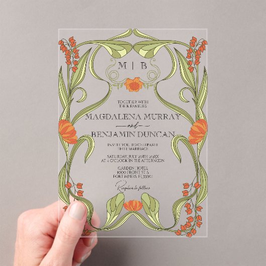 Elegante Art Nouveau Floral Lijst bruiloft Acryl Uitnodigingen (Insitu (Draagbaar))
