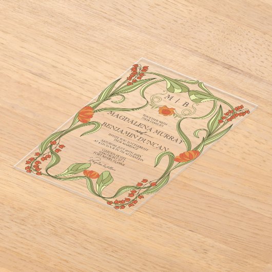 Elegante  Art Nouveau Floral Lijst bruiloft Acryl Uitnodigingen (Laagn)