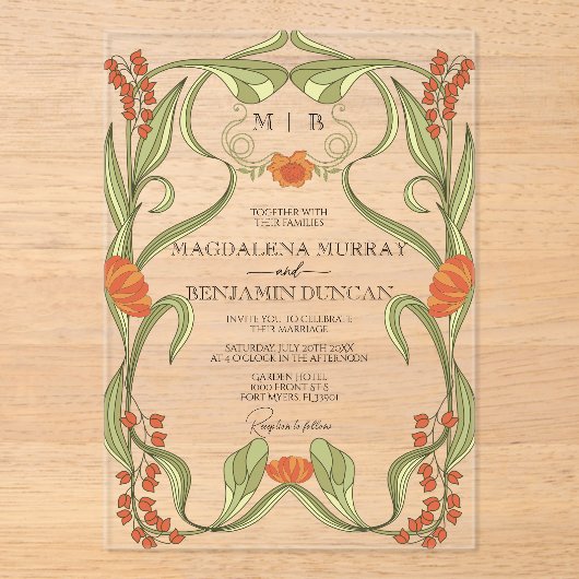 Elegante Art Nouveau Floral Lijst bruiloft Acryl Uitnodigingen (Voorkant)