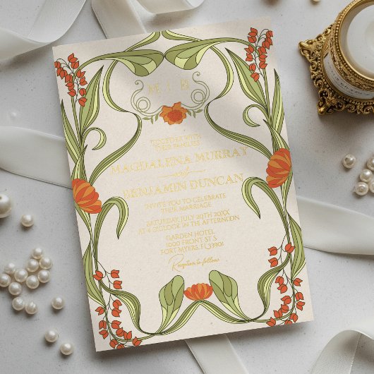 Elegante  Art Nouveau Floral Lijst bruiloft Folie Uitnodiging
