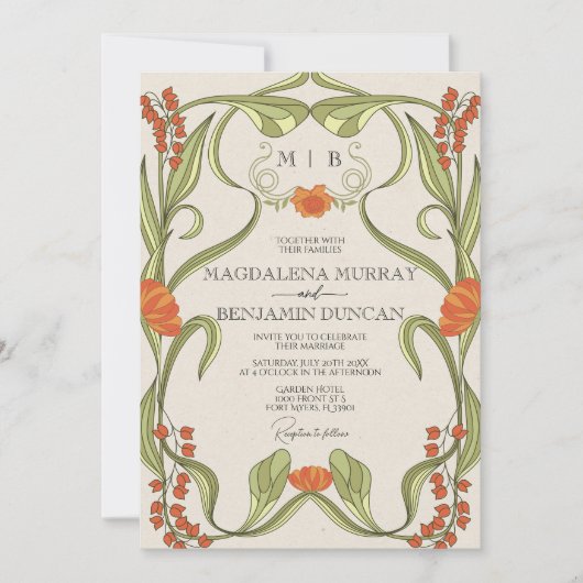 Elegante  Art Nouveau Floral Lijst bruiloft Kaart (Voorkant)