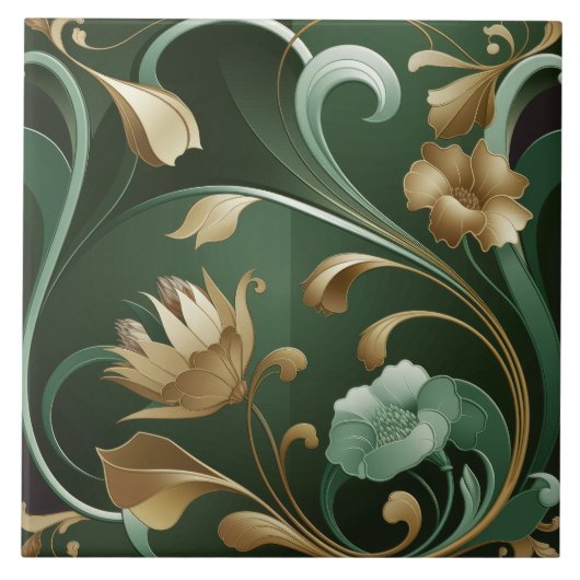 Elegante Art Nouveau Floral Smaragd en goud Tegeltje (Voorkant)