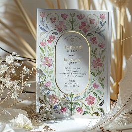 Elegante Art Nouveau Floral Waterverf Gold Wedding Folie Uitnodiging