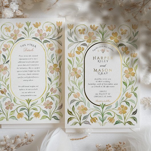 Elegante Art Nouveau Floral Waterverf Gold Wedding Folie Uitnodiging
