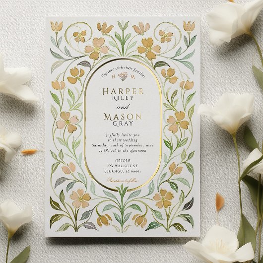 Elegante Art Nouveau Floral Waterverf Gold Wedding Folie Uitnodiging