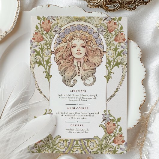 Elegante Art Nouveau Floral Wedding Menu Kaart