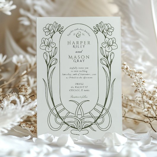 Elegante Art Nouveau Freesia Lijnkunst Bruiloft Kaart