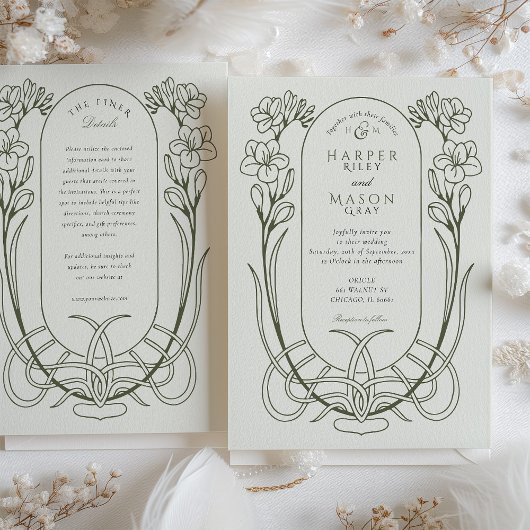 Elegante Art Nouveau Freesia Lijnkunst Bruiloft Kaart