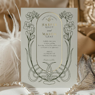Elegante Art Nouveau Freesia Line Art Wedding Folie Uitnodiging