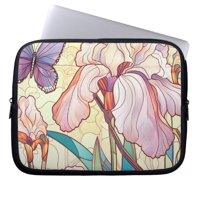 Elegante Art Nouveau Glas in lood Iris Vlinder Laptop Sleeve (Voorkant)