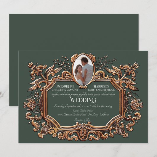 Elegante Art Nouveau Goud en Groen Foto Bruiloft Kaart (Voorkant / Achterkant)