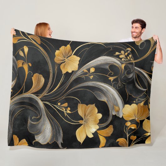 Elegante Art Nouveau Gouden Flora Fleece Deken (In situ)
