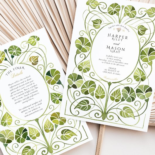 Elegante Art Nouveau groen gebladerte bruiloft Kaart