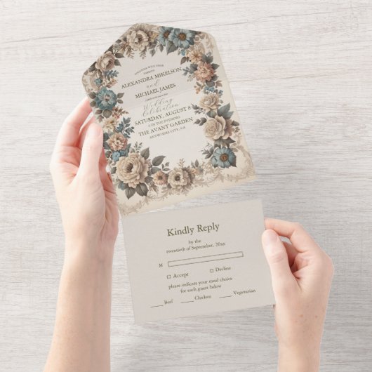 Elegante Art Nouveau huwelijksuitnodiging All In One Uitnodiging (Afscheurbaar)