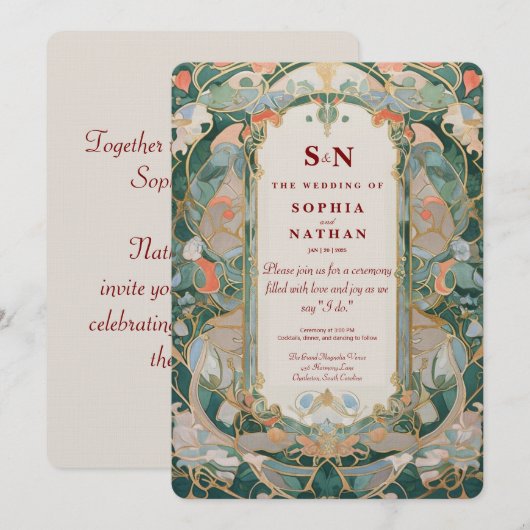 Elegante Art Nouveau huwelijksuitnodiging met bloe Kaart (Voorkant / Achterkant)