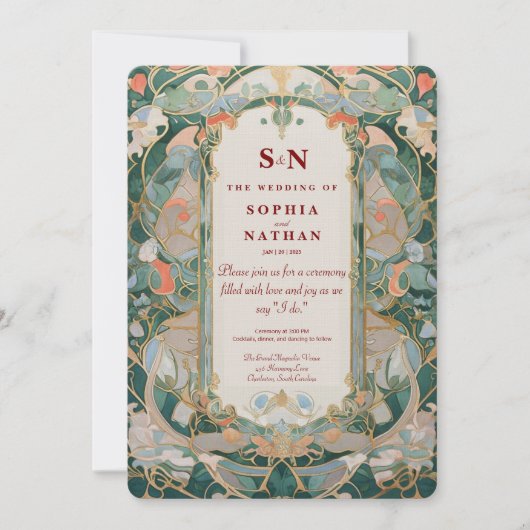 Elegante Art Nouveau huwelijksuitnodiging met bloe Kaart (Voorkant)