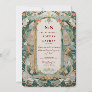 Elegante Art Nouveau huwelijksuitnodiging met bloe Kaart