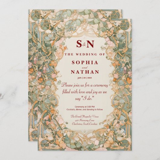 Elegante Art Nouveau huwelijksuitnodiging met bloe Kaart (Voorkant / Achterkant)