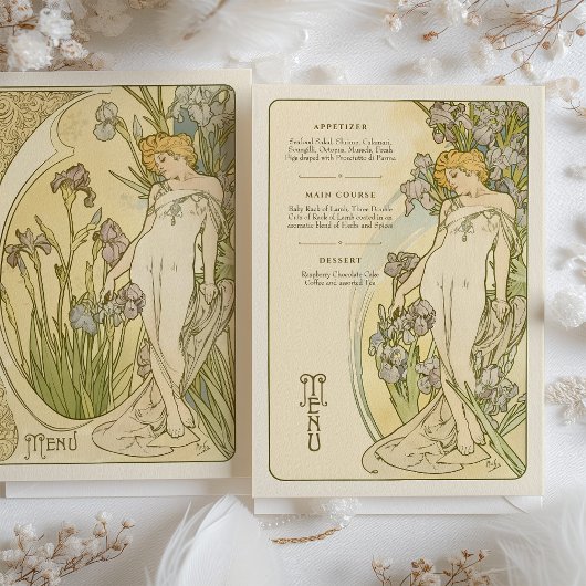 Elegante Art Nouveau Iris Bloemen Godin Menu Kaart