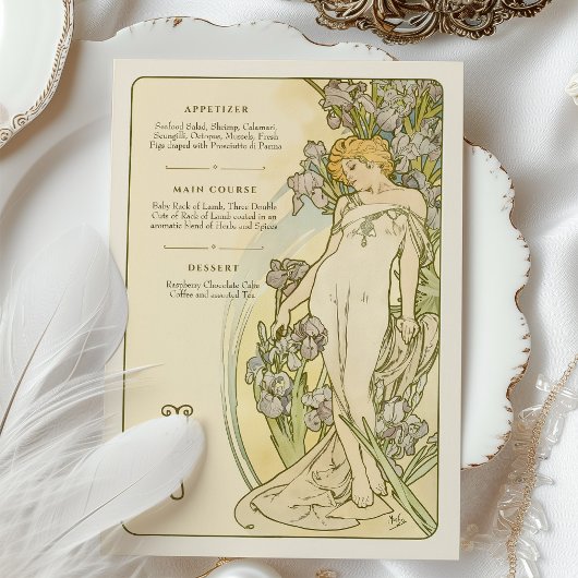 Elegante Art Nouveau Iris Bloemen Godin Menu Kaart