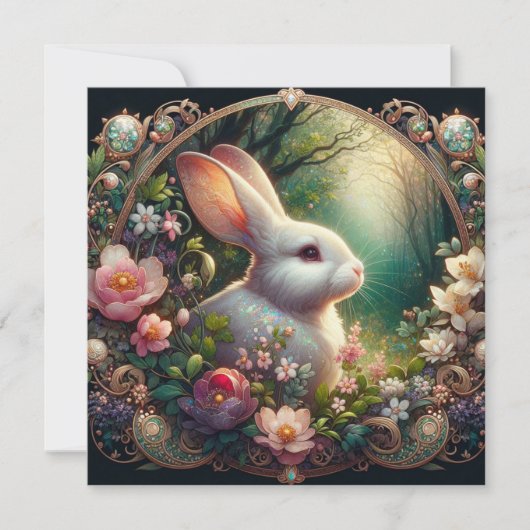 Elegante Art Nouveau Konijn Bloemen Woodland Pasen Feestdagenkaart (Voorkant)