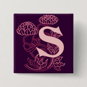 Elegante Art Nouveau Letter S Monogram Bloem Vierkante Button 5,1 Cm