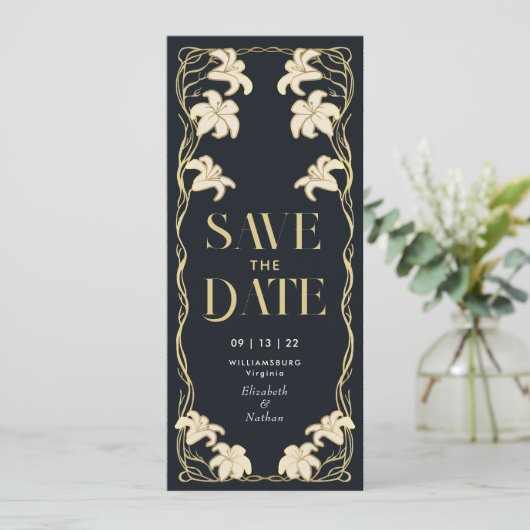 Elegante Art Nouveau Lily Save the Date Kaart (Staand voorkant)