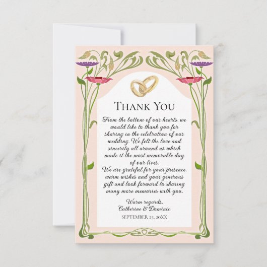 Elegante Art Nouveau met Ringen Bruiloft Bedankkaart (Voorkant)