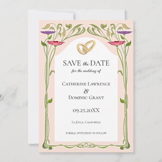 Elegante Art Nouveau met Ringen Bruiloft Save The Date (Voorkant)