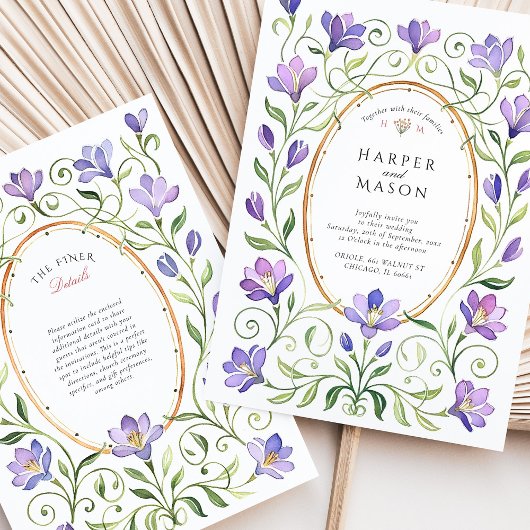 Elegante Art Nouveau Paarse Freesia's bruiloft Kaart