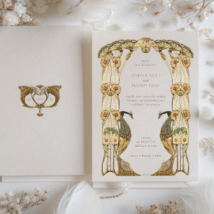 Elegante Art Nouveau Pauw Huwelijk Kaart