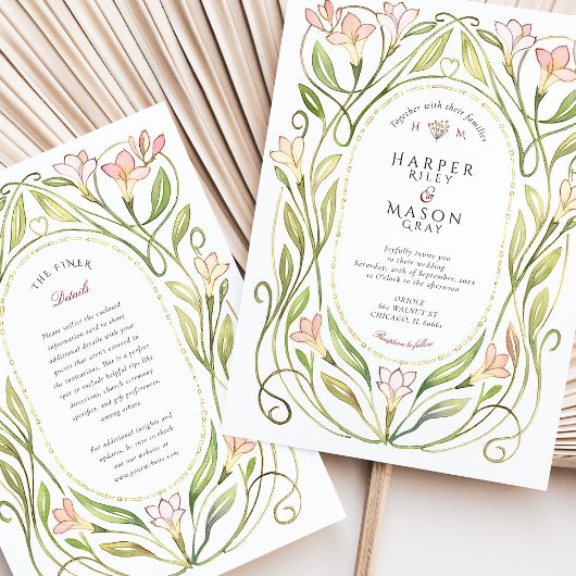 Elegante Art Nouveau Peach Lily bruiloft Kaart