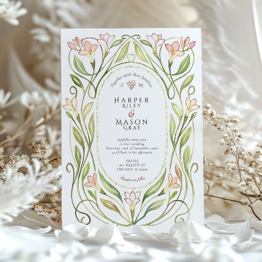 Elegante Art Nouveau Peach Lily bruiloft Kaart