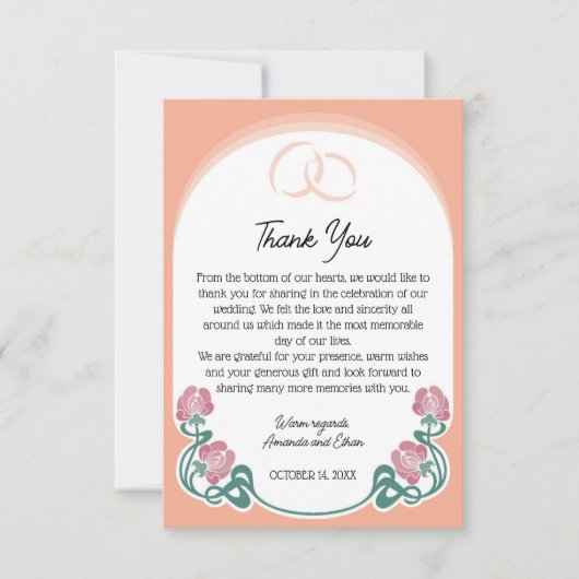 Elegante Art Nouveau Perzik Kleur Bruiloft Bedankkaart (Voorkant)