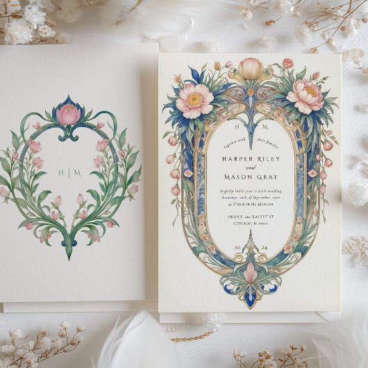 Elegante Art Nouveau pioenen bruiloft uitnodiging