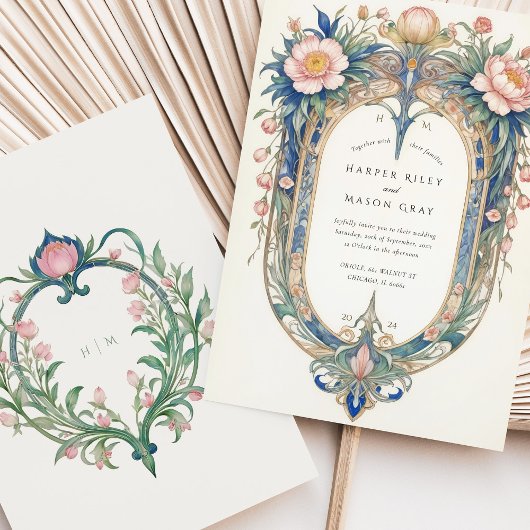 Elegante Art Nouveau pioenen bruiloft uitnodiging